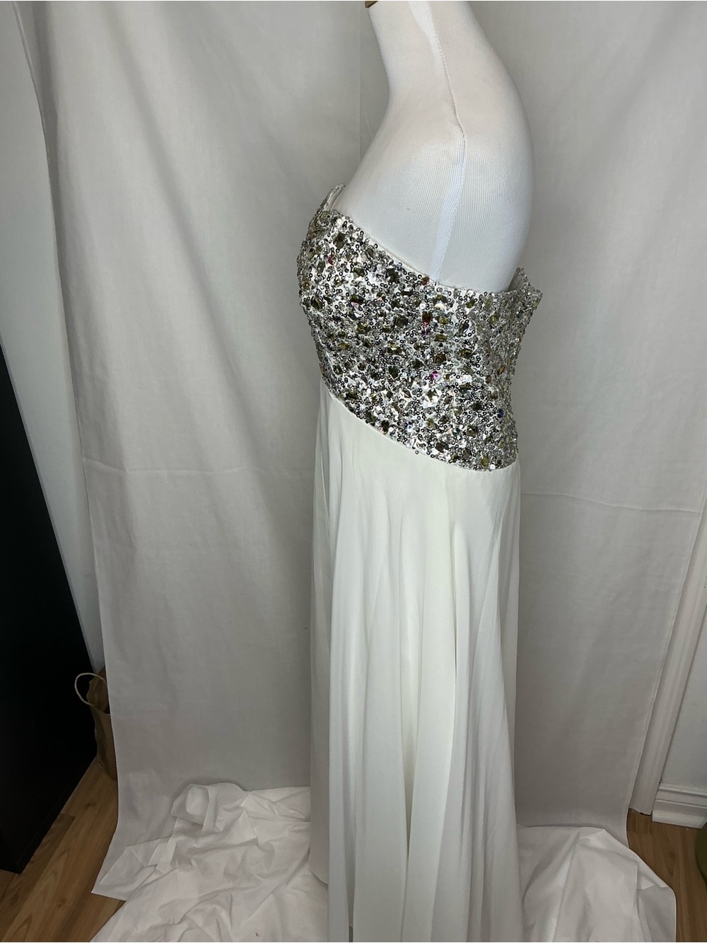 2158 - Strapless White Evening Gown with Silver Crystal Bodice - Picture 4 of 9